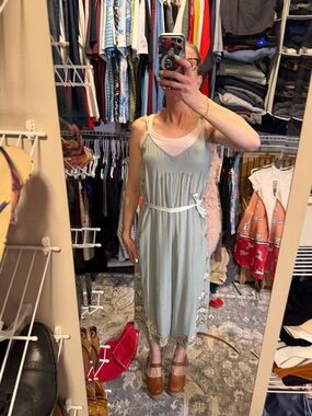 Anthropologie Light Sage Green Embroidered Midi Slip Dress
